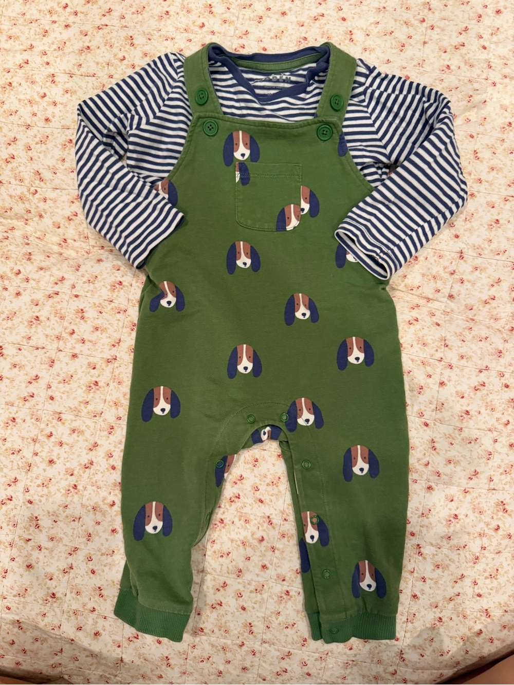 Mini Boden Green Dog Print Overalls with Navy Stripe Tee